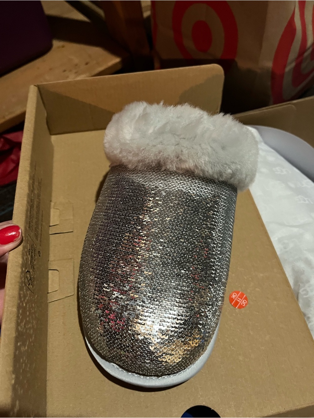 UGG Silver Sequin Faux-Fur Slip-On Slippers 8 - Picture 2 of 5